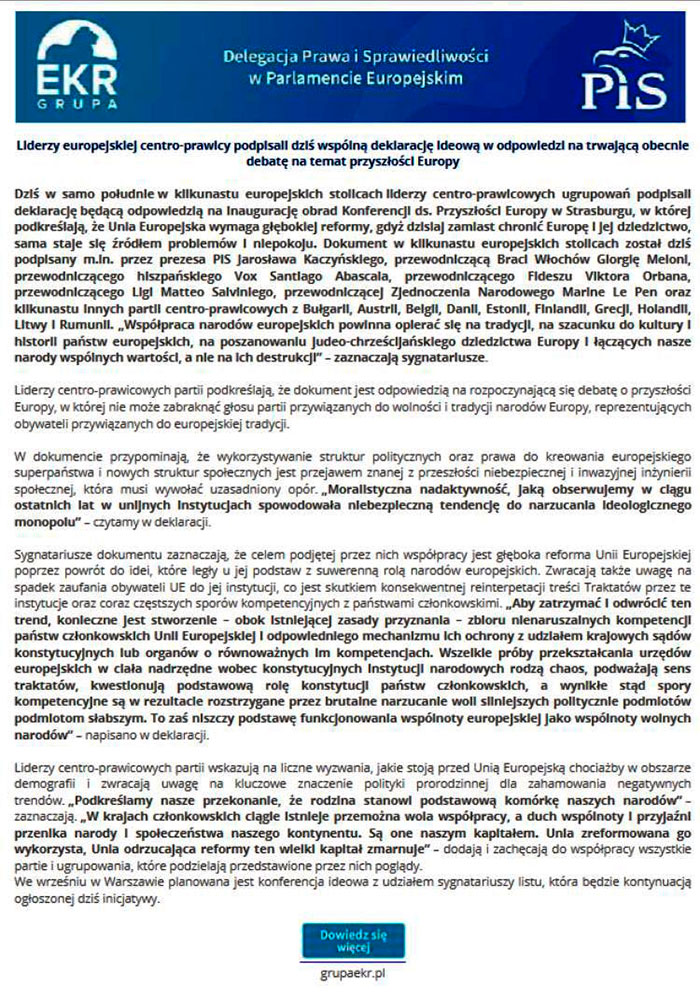 "W kilku stolicach europejskich przywdcy wielu partii podpisuj wspln deklaracj". Chodzi o przyszo Europy!