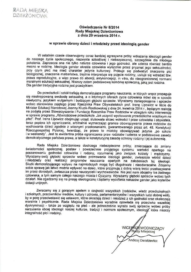 Owiadczenie RM RM 8/2014 Rady Miasta Dzieroniowa.