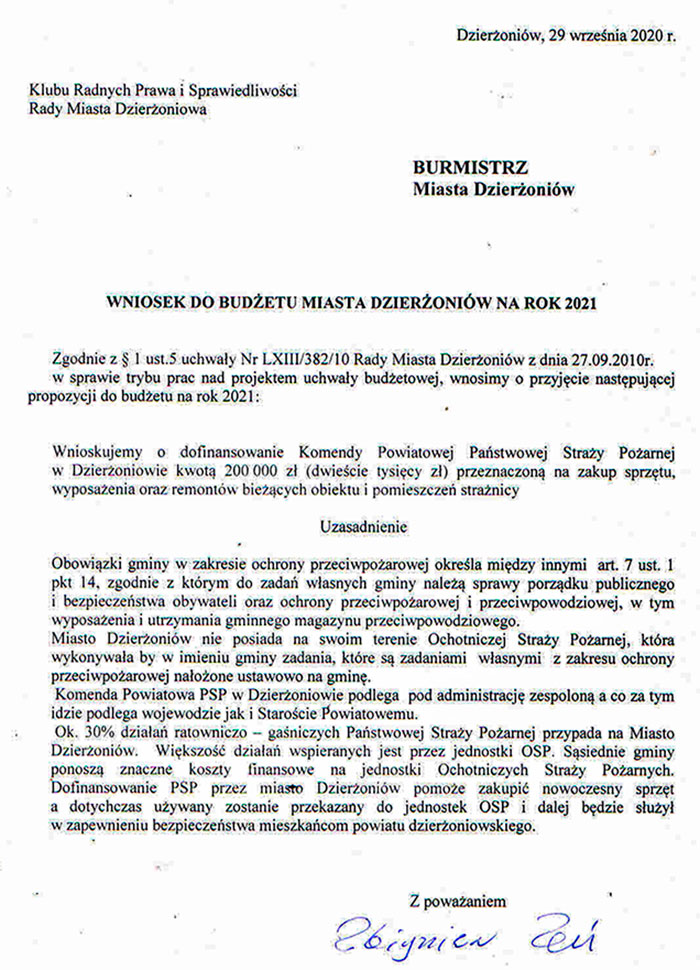 Wniosek do budetu miasta Dzieroniw na rok 2021 - 29.09.2020.