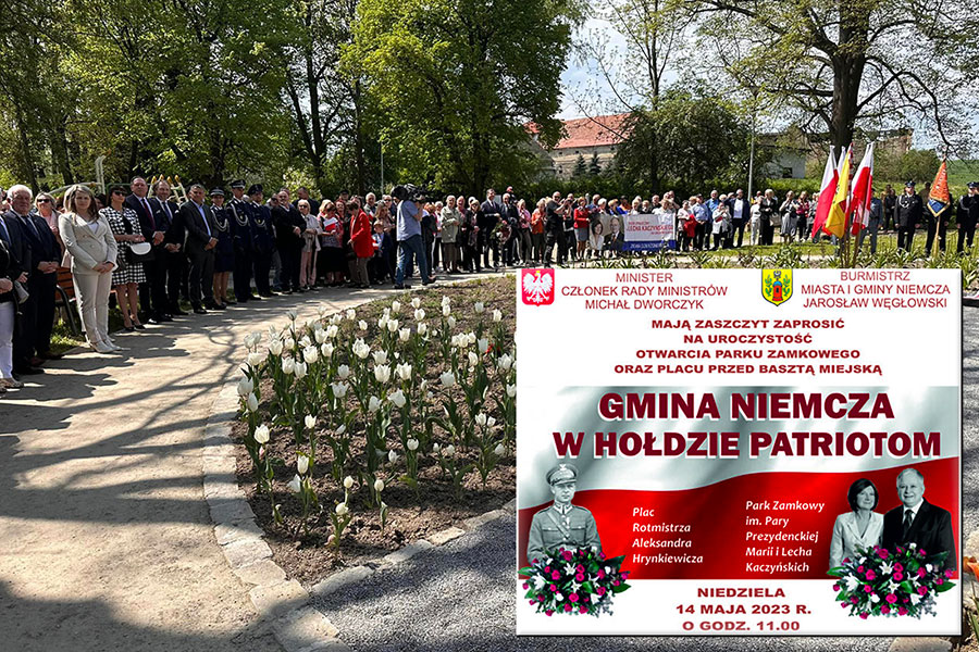 W hodzie patriotom - 14.05.2023. Niemcza osonicie skweru Pary Prezydenckiej Marii i Lecha Kaczyskich oraz tablicy z now nazw Placu Rotmistrza Aleksandra Hrynkiewicza.